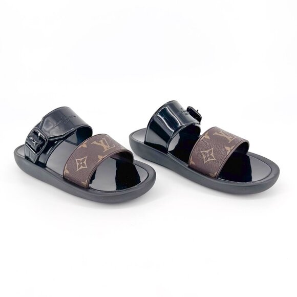Louis Vuitton Sunbath Mule Slide Sandals Black Rubber Size 38 US 8 Women LV Logo - Picture 1 of 15